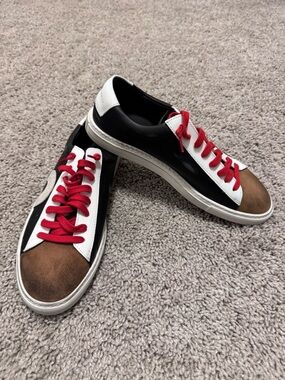 Women’s Casual Black, White & Brown Lace-Up Sneakers  Red Laces Italian leather